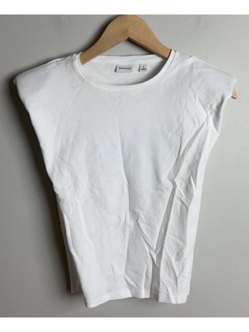 Babaton White Shoulder Pad Muscle Tank Top Size Small 100% Cotton Tee Women’s